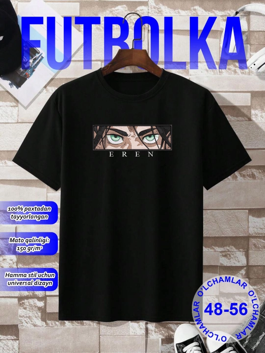 Qora futbolka, bosma bilan, paxta - 