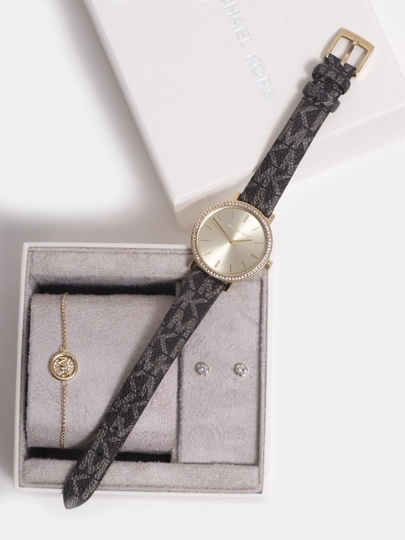 Женские часы Michael Kors Addyson O9001 комплект, серьги, браслет — TELLER-263-КОРИЧН