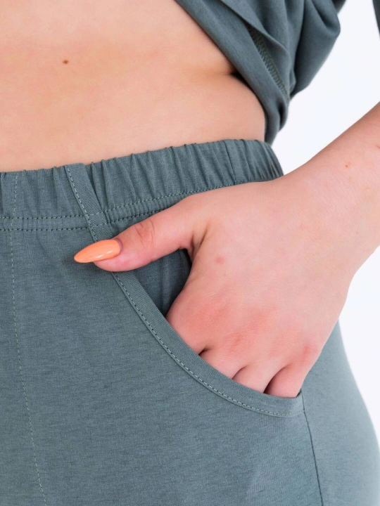 Ayollar uy kastyumi, 100% paxta, bridjli va cho'ntakli pijama to‘plami