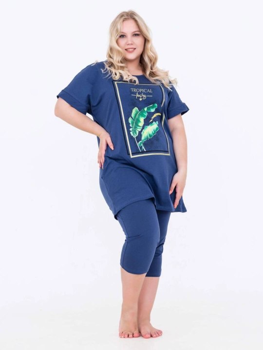 Ayollar uy kastyumi, 100% paxta, bridjli va cho'ntakli pijama to‘plami