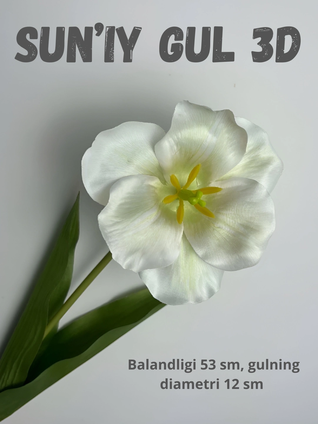 Bir dona ochilgan 3D ko'rinishdagi lola sun'iy guli, bo'yi 53 sm, gul ...