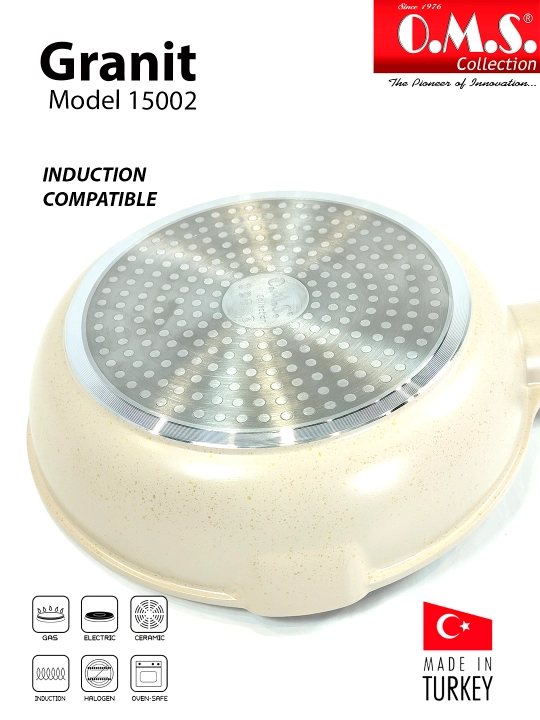 Granitdan yasalgan, yonishga qarshi qoplamali va O.M.S 15002 qopqoqli tova