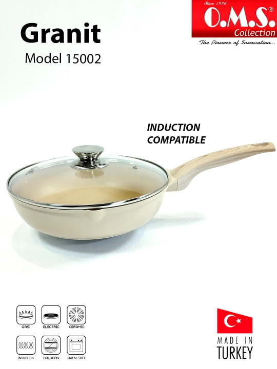 Granitdan yasalgan, yonishga qarshi qoplamali va O.M.S 15002 qopqoqli tova