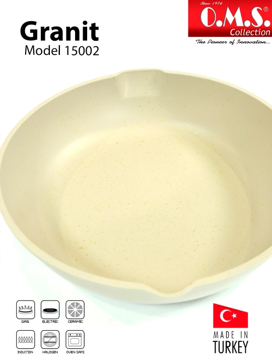 Granitdan yasalgan, yonishga qarshi qoplamali va O.M.S 15002 qopqoqli tova