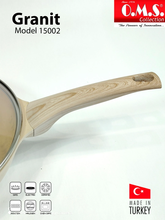 Granitdan yasalgan, yonishga qarshi qoplamali va O.M.S 15002 qopqoqli tova