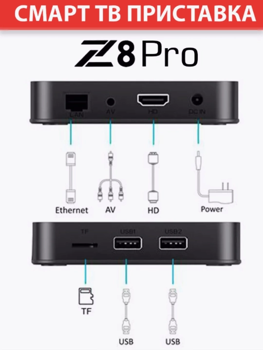 Smart TV pristavka Z8 Pro, 2/16 GB, 4K Ultra HD, Android TV 12, Wi-Fi, Bluetooth, ovozli boshqaruv
