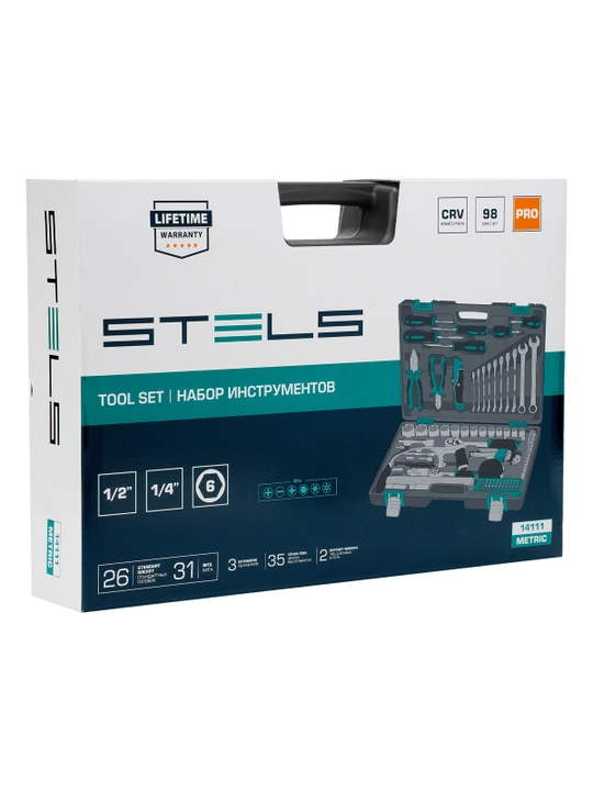Набор инструментов STELS, 1/2", 1/4", CrV, кейс, 98 предметов, 14111