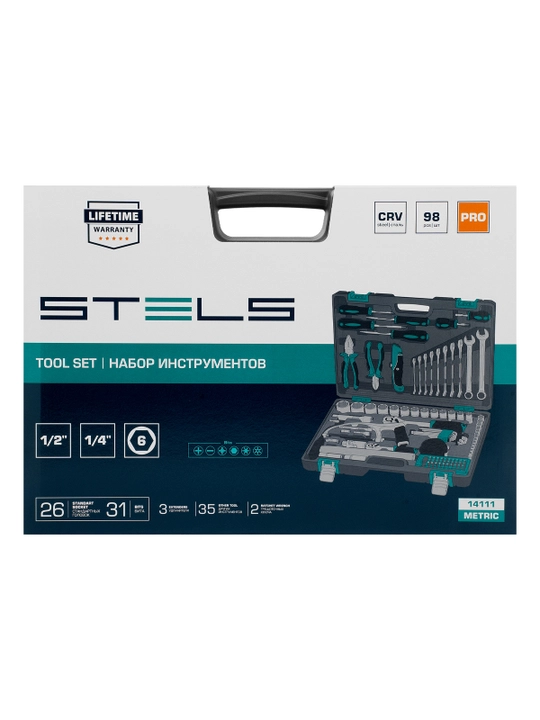 Набор инструментов STELS, 1/2", 1/4", CrV, кейс, 98 предметов, 14111
