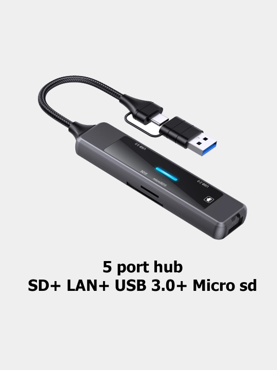 Концентратор USB HUB 5 в 1 SD+USB 3.0+LAN+TF универсальный разъем USB + Type c - 