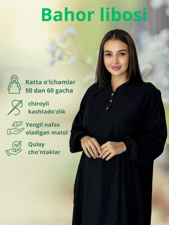 Ayollar uchun kundalik ko'ylak, paxta, abaya, katta o'lchamlari ham bor