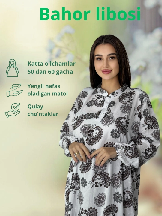 Ayollar uchun kundalik ko'ylak, paxta, abaya, katta o'lchamlari ham bor