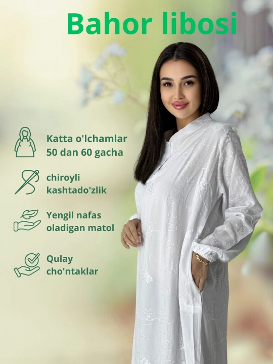Ayollar uchun kundalik ko'ylak, paxta, abaya, katta o'lchamlari ham bor