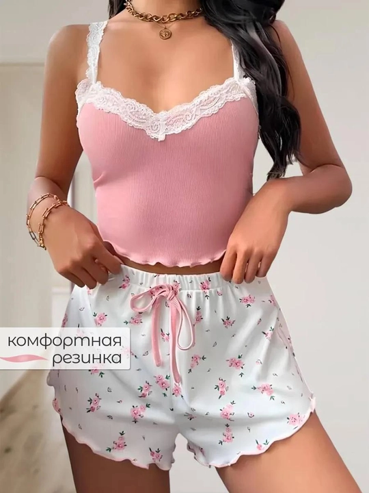 Ayollar pijamasi, shortik va top futbolka, uy kiyimi, ayollar va qizlar uchun, bahor-yoz