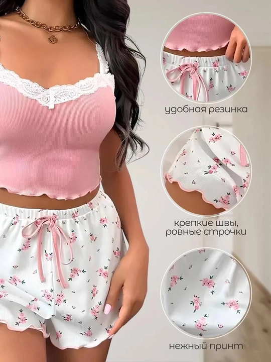 Ayollar pijamasi, shortik va top futbolka, uy kiyimi, ayollar va qizlar uchun, bahor-yoz