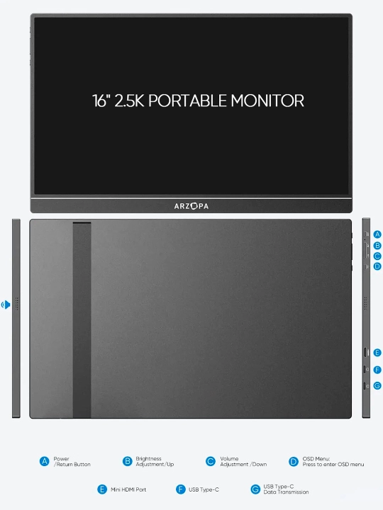 ARZOPA Z1RC1 kompyuter monitori, 16 dyuym, 60 Gts, IPS, portativ monitor dinamiklar bilan