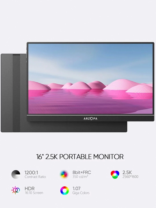 ARZOPA Z1RC1 kompyuter monitori, 16 dyuym, 60 Gts, IPS, portativ monitor dinamiklar bilan