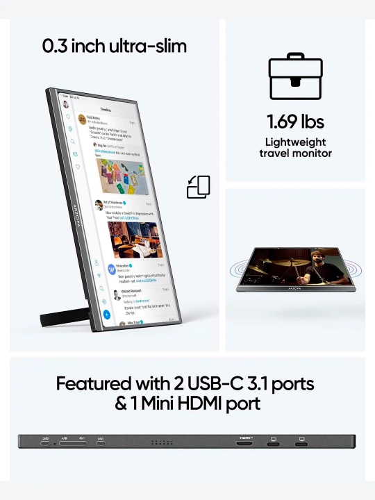 17.3", ARZOPA A1M FHD portativ monitor, 1920 x 1080, 60Hz, qora