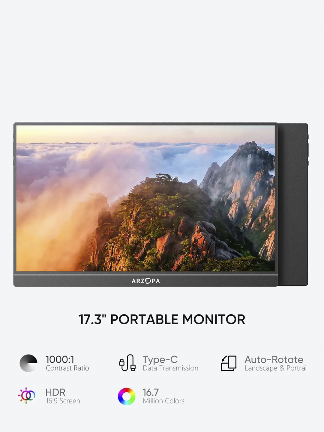 17.3", ARZOPA A1M FHD portativ monitor, 1920 x 1080, 60Hz, qora