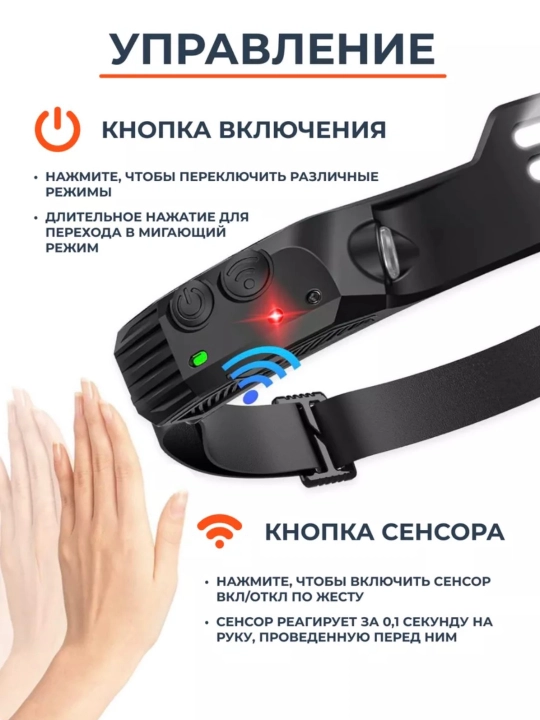 Налобный фонарь, 5 режимов, с креплением на голову и сенсорным управлением, Type-C