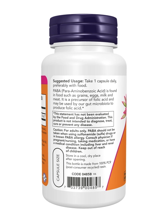 NOW Foods PABK 500 mg, 100 kapsula – teri, soch va hujayralarni qarishdan himoya qilish