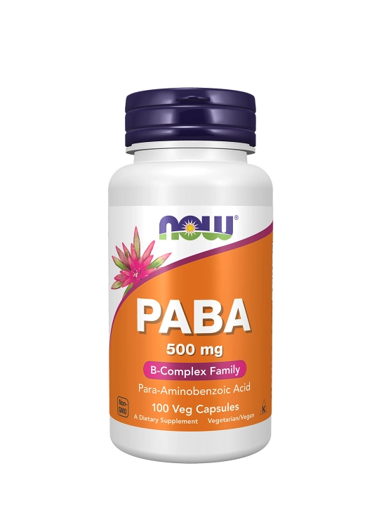 NOW Foods PABK 500 mg, 100 kapsula – teri, soch va hujayralarni qarishdan himoya qilish