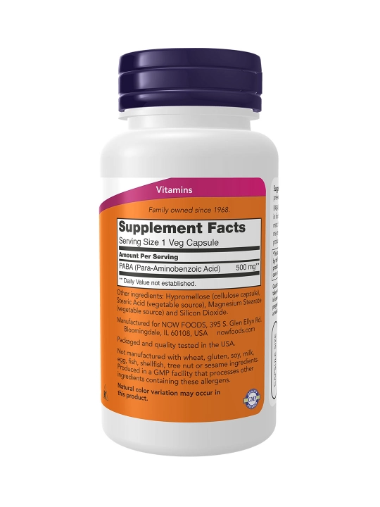 NOW Foods PABK 500 mg, 100 kapsula – teri, soch va hujayralarni qarishdan himoya qilish