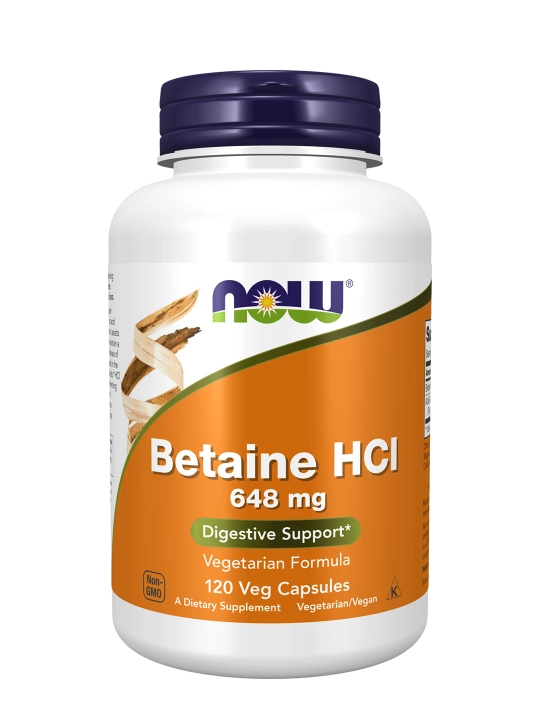 NOW Foods Betain HCl 648 mg, 120 kapsula – hazm qilish va oshqozon kislotaliligi uchun