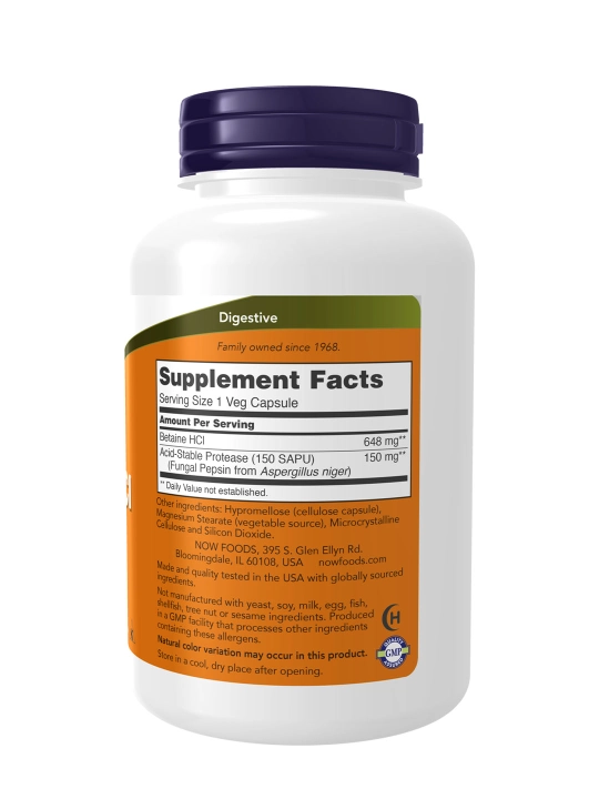 NOW Foods Betain HCl 648 mg, 120 kapsula – hazm qilish va oshqozon kislotaliligi uchun