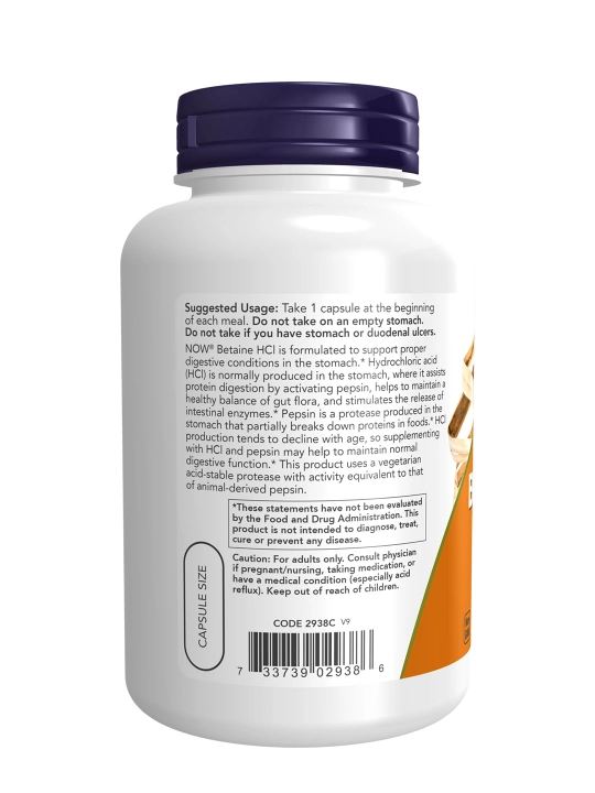 NOW Foods Betain HCl 648 mg, 120 kapsula – hazm qilish va oshqozon kislotaliligi uchun
