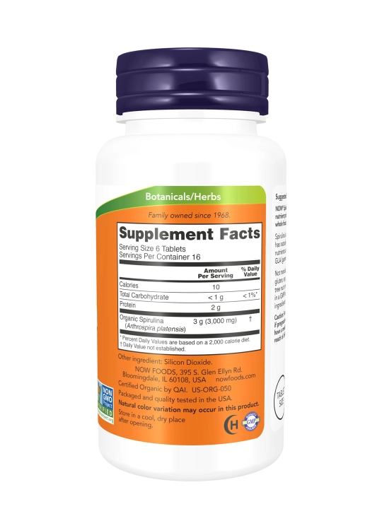 NOW Foods Organik spirulina 500 mg, 100 tabletka – tabiiy oziq moddalari manbai