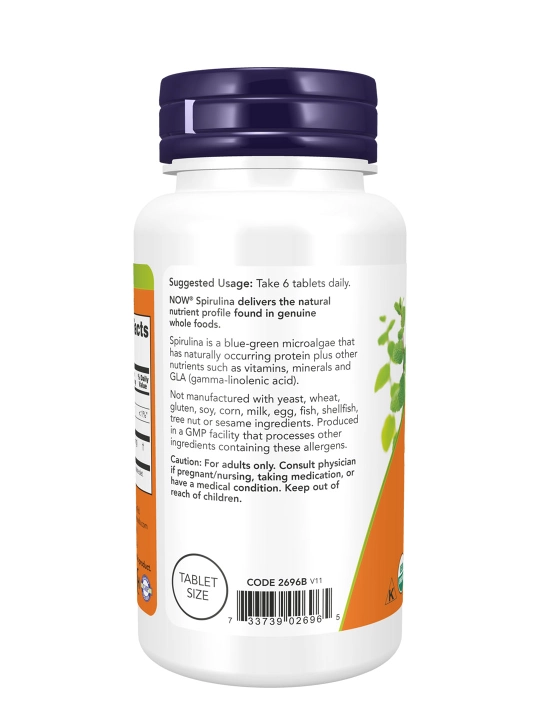 NOW Foods Organik spirulina 500 mg, 100 tabletka – tabiiy oziq moddalari manbai