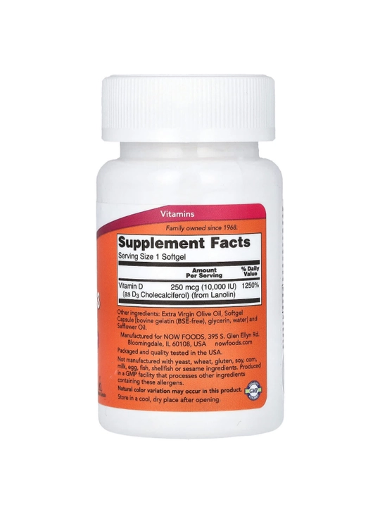 NOW Foods, D3 vitamini, yuqori quvvat, 10 000 IU, 30 kapsulalar