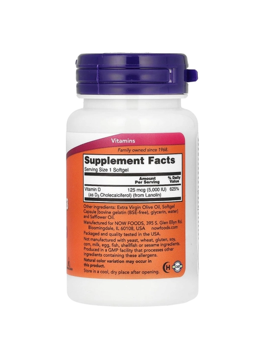 NOW Foods, D3 vitamini, yuqori quvvat, 5 000 IU, 30 kapsulalar