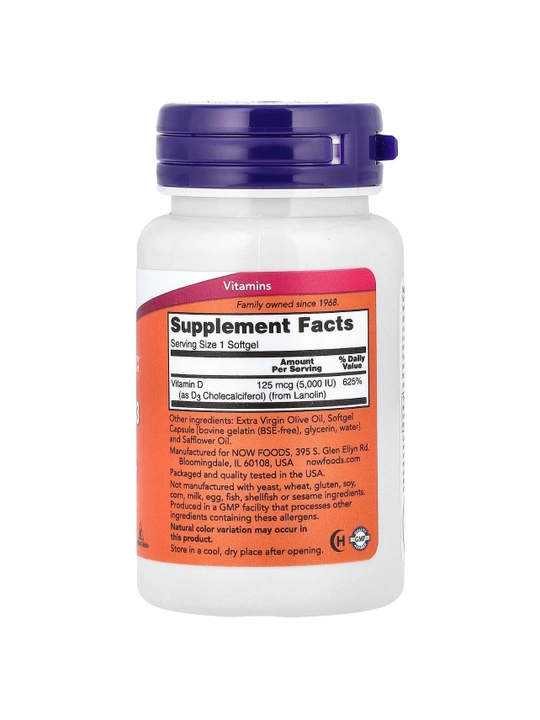 NOW Foods, D3 vitamini, yuqori quvvat, 5 000 IU, 240 kapsulalar