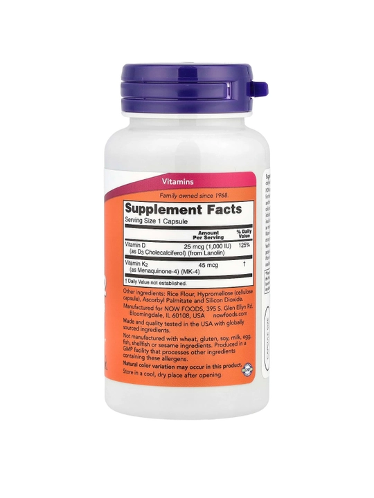 NOW Foods, Витамины D3 и K2, 120 растительных капсул