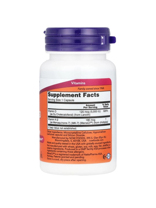 NOW Foods, Мега D3 и MK-7, 5000 МЕ / 180 мкг, 60 капсул