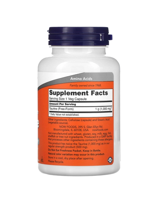 NOW Foods, Таурин, двойной концентрации, 1000 мг, 100 растительных капсул