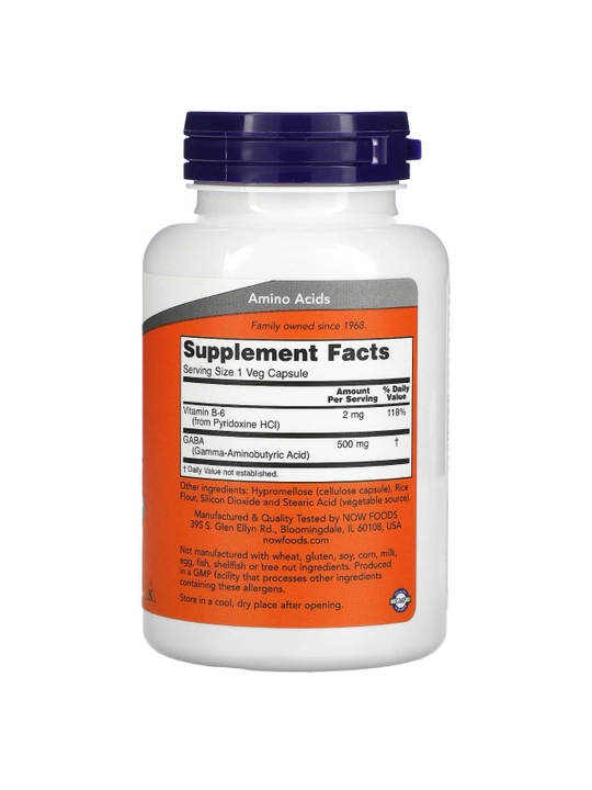 NOW Foods, GABA B6 vitamini bilan, 500 mg, 100 kapsulalar