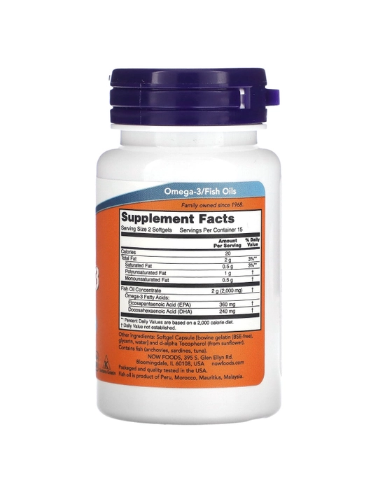 NOW Foods, Omega-3 baliq yog'i, 1000 mg, 30 kapsulalar
