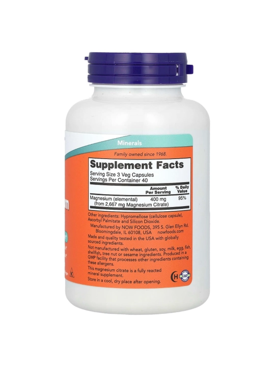 NOW Foods, Цитрат магния, 400 мг, 120 растительных капсул
