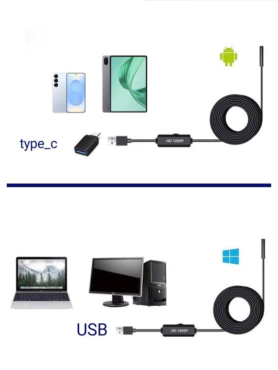 USB endoskop, Android, Windows uchun, 8 mm va 5.5 mm kamera, LED yoritgich, suv o‘tkazmas