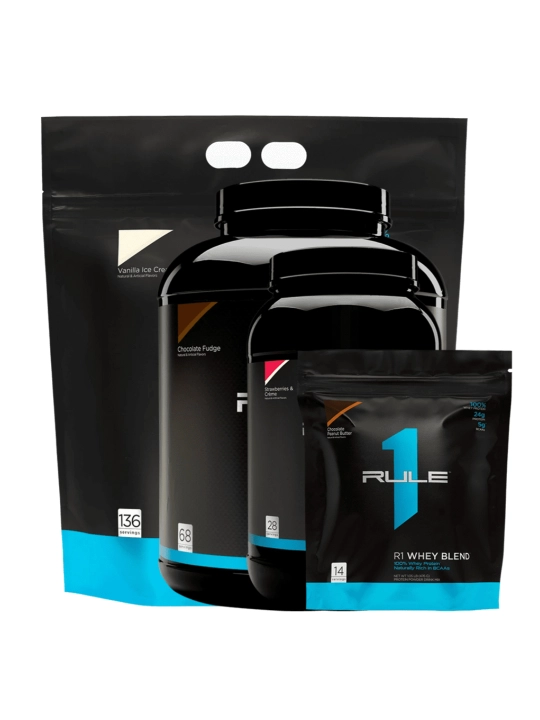 RULE1 WHEY blend protein, 0.4 g, 0.9 g, 2.3 kg, 4.6 kg, oqsil muskul o'stirish uchun
