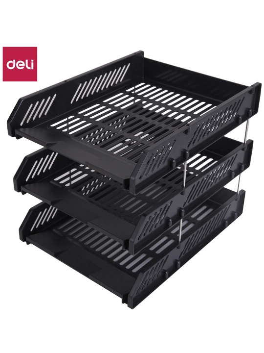 Лоток для бумаг горизонтальный Deli E9209, 3 ярусный, пластиковый, черный - 