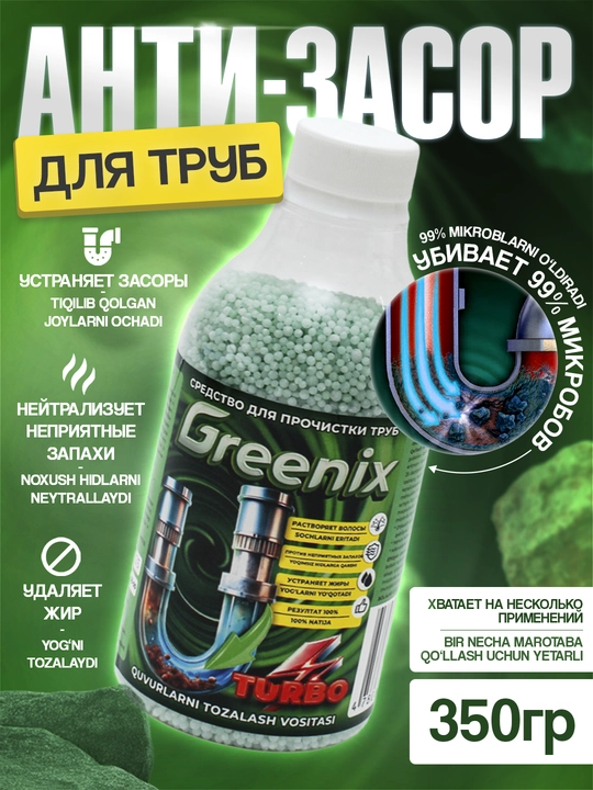 Антизасор, Средство для прочистки труб от засоров GREENIX 350 гр