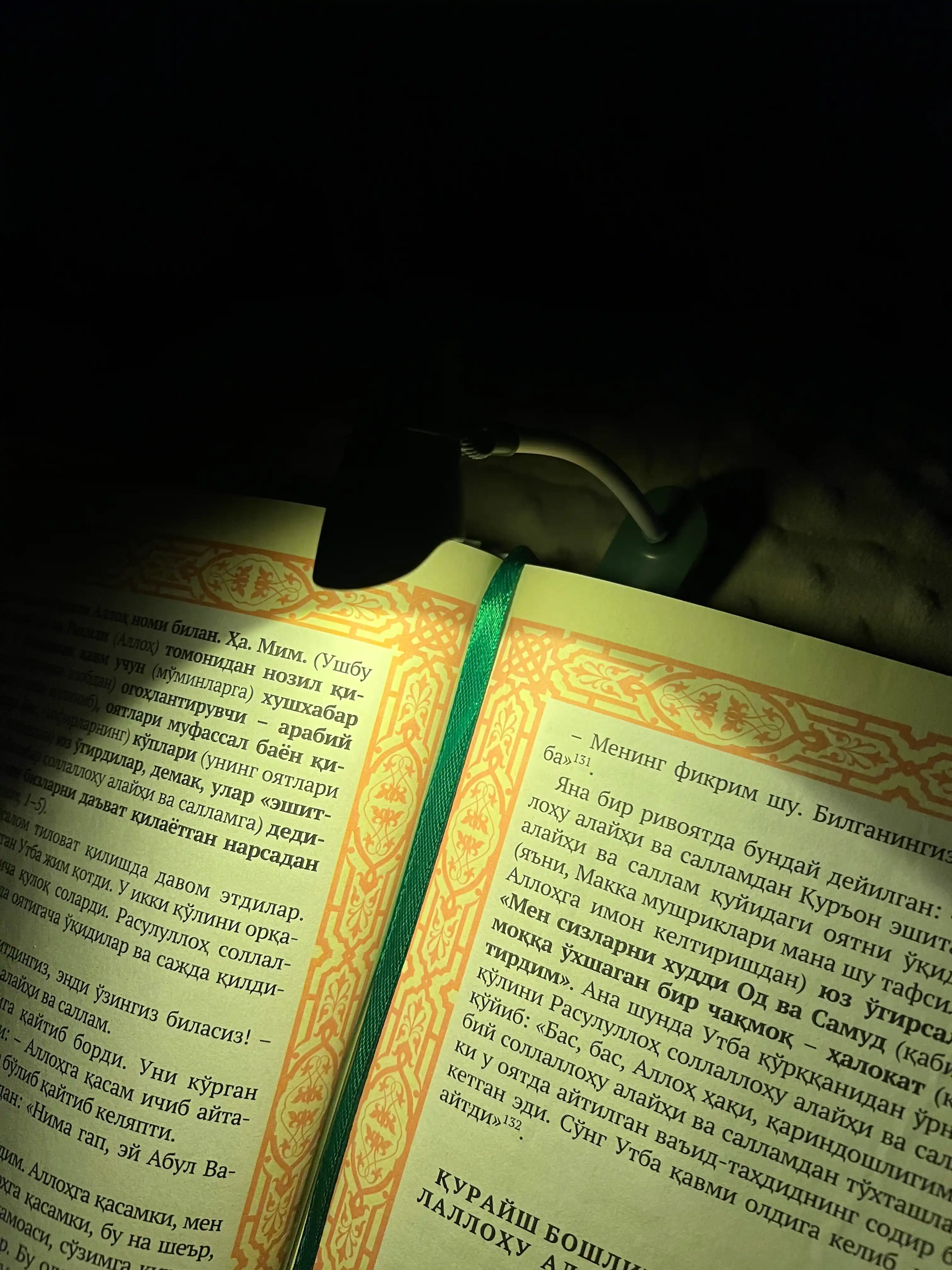 Kitob o‘qish uchun yorug‘lik diodli lampa, stol ustida, qisqichda