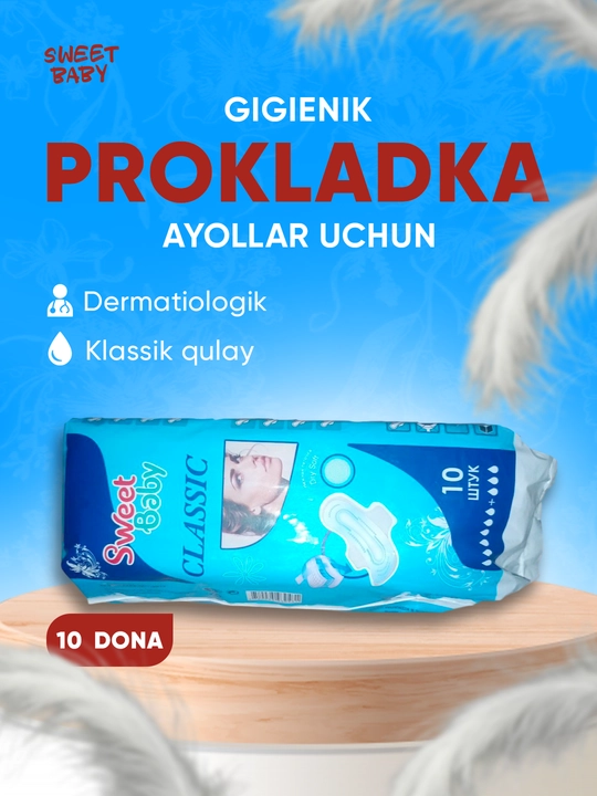 Ayollar va qizlar uchun prokladkalar, gigienik Sweet Classic, Paxta Super Yumshoq, 10 dona
