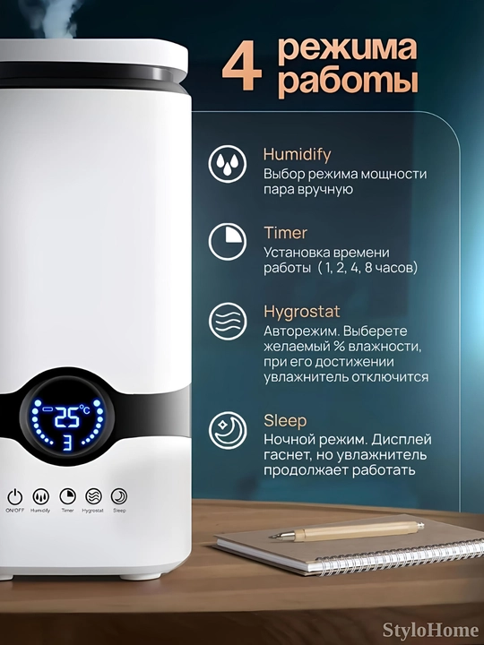 Увлажнитель воздуха для дома и офиса 2л, 3л, 4л, с подсветкой, ультразвуковой, ночник