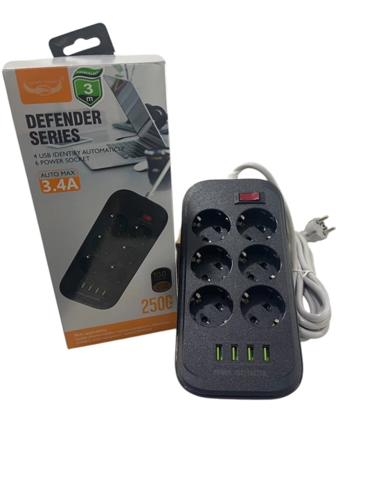 Удлинитель, 3 метра, 4 порта USB, 6 розеток - 