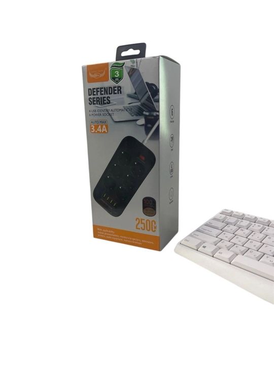 Удлинитель, 3 метра, 4 порта USB, 6 розеток