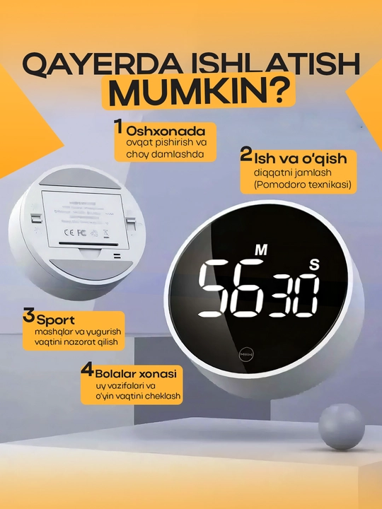 Elektron taymer soat, oshxona taymeri, pomidor taymer, sekundomer
